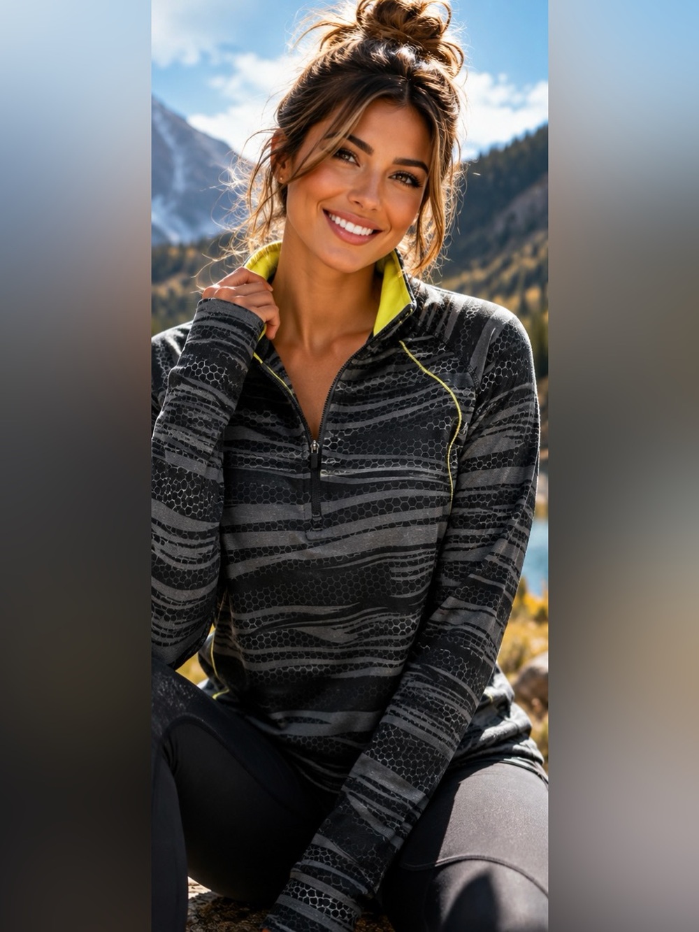 Energy Zone Black Patterned Quarter-Zip Jacket with Lime Accents